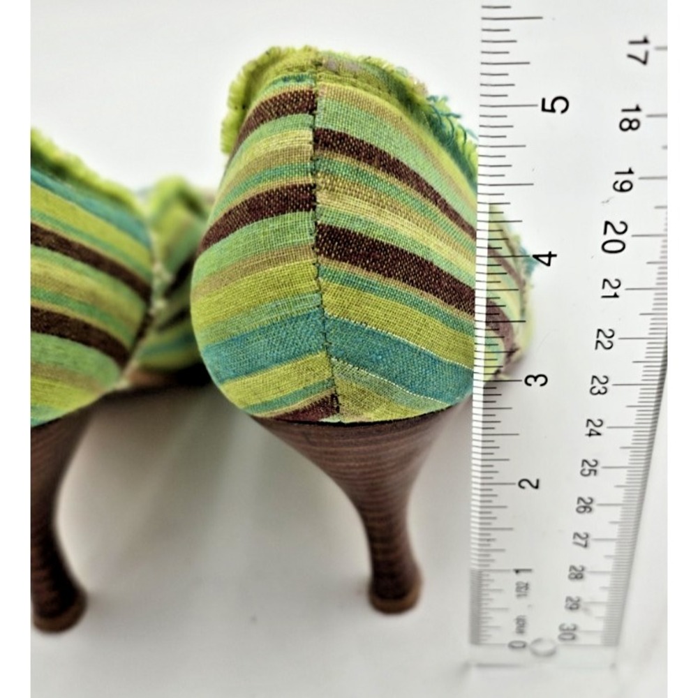 Ginger Goff Peep Toe Heels 7 Women's‎ Green Striped Frayed Wooden 3" Heels Boho - Picture 10 of 11
